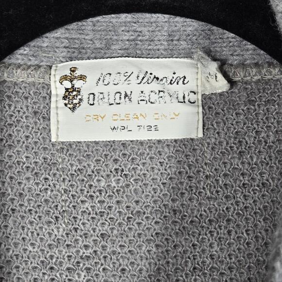 Vintage 60s Mens Medium Leather Diamond Applique Cardigan Sweater Gray Mod - Picture 3 of 9